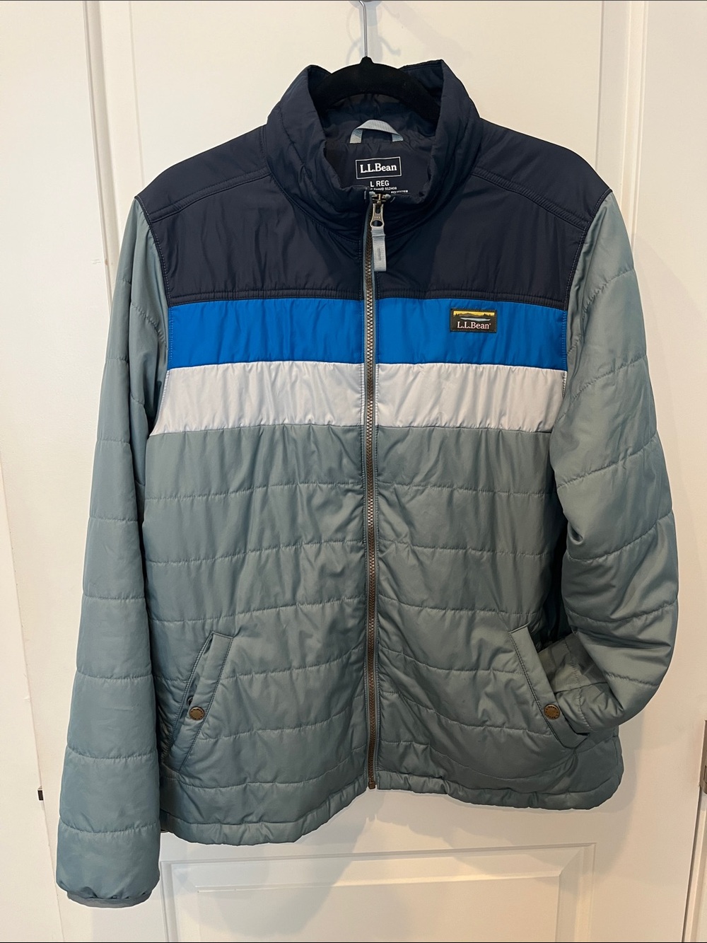 L.L. Bean Men's Quilted Puffer Jacket - Gray, Blue & White
